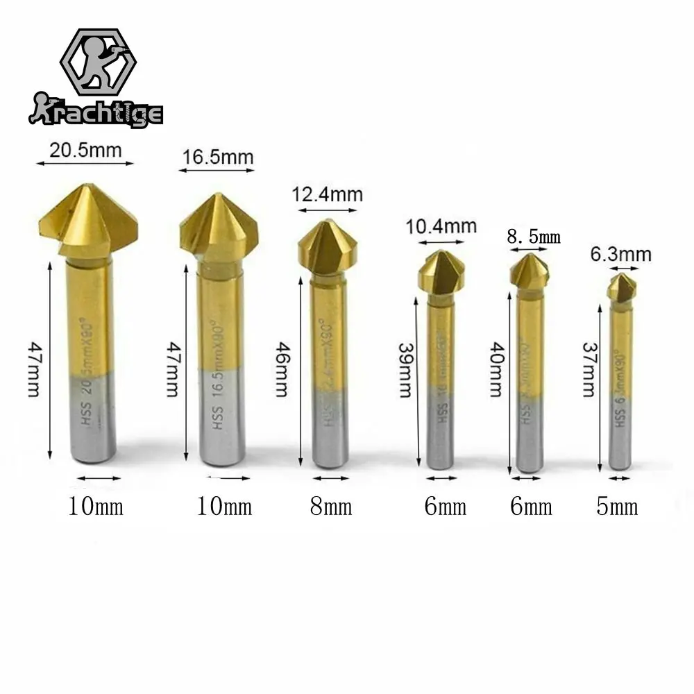 3 Flute 90 Degree HSS Chamfering Cutter End Mill Tool Titanium Countersink Drill Bit Set 1/4