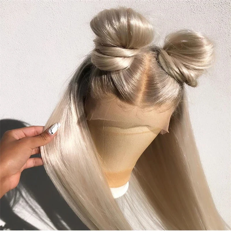 Synthetic Lace Front Wigs Platinum Blonde Ash Roots Colored Natural Hair HD Lace Wig Glueless Mixed Human Hair Wigs 30inchs Sale Synthetic Human Hair Wig