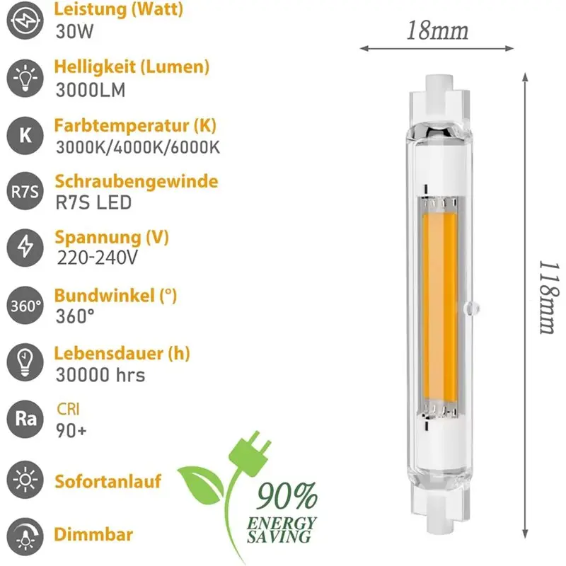ABZC-교체용 R7S LED 조광 가능 전구 2팩 118mm, 30W R7S LED(J118mm용), 따뜻한 흰색 3000K 3000LM