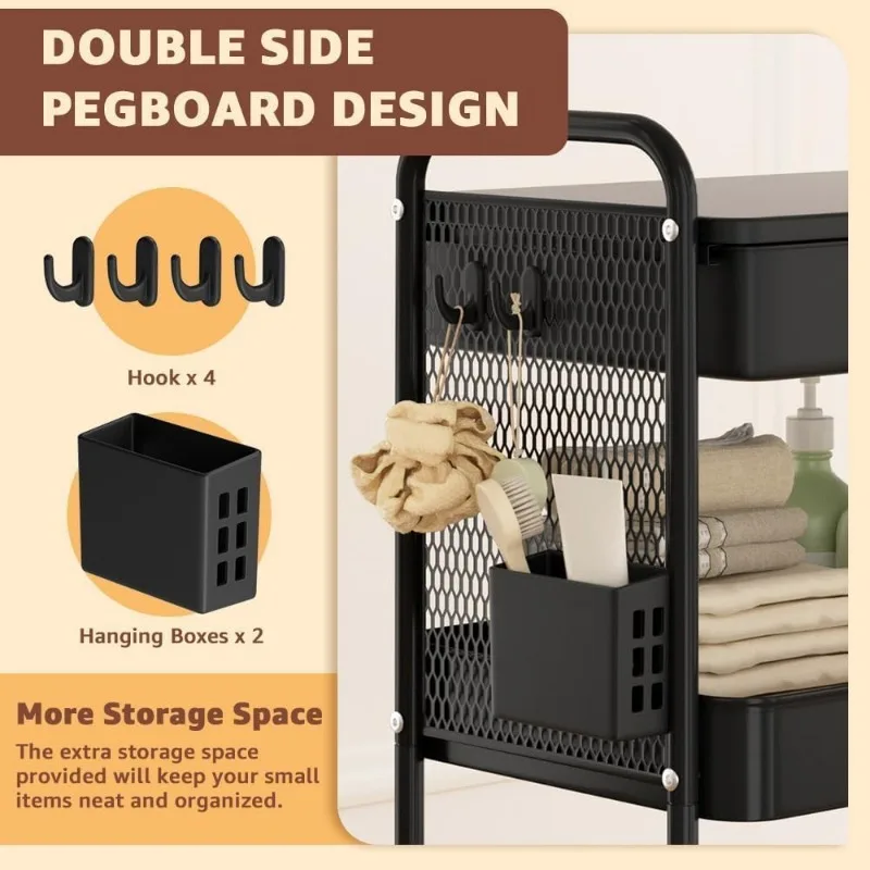 3 Tier Rolling Cart with Drawer, Metal Rolling Utility Cart on Wheels with Pegboard, Art Cart Storage Organizer with Tabletop 3