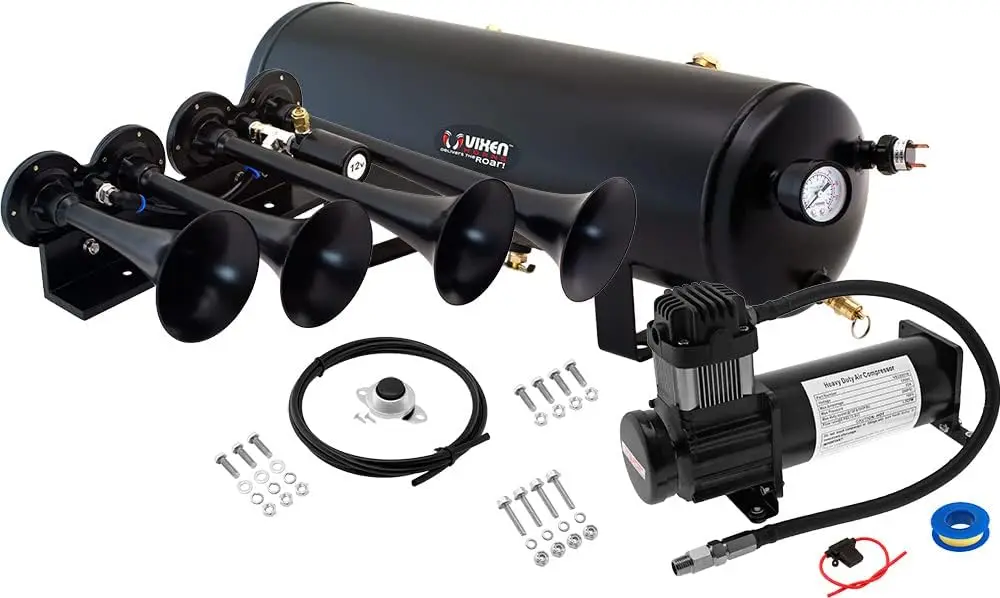 Train Horn Kit for Trucks/Car/Semi. Complete Onboard System- 200psi Air Compressor, 3 Gallon Tank, 4 Trumpets. Super