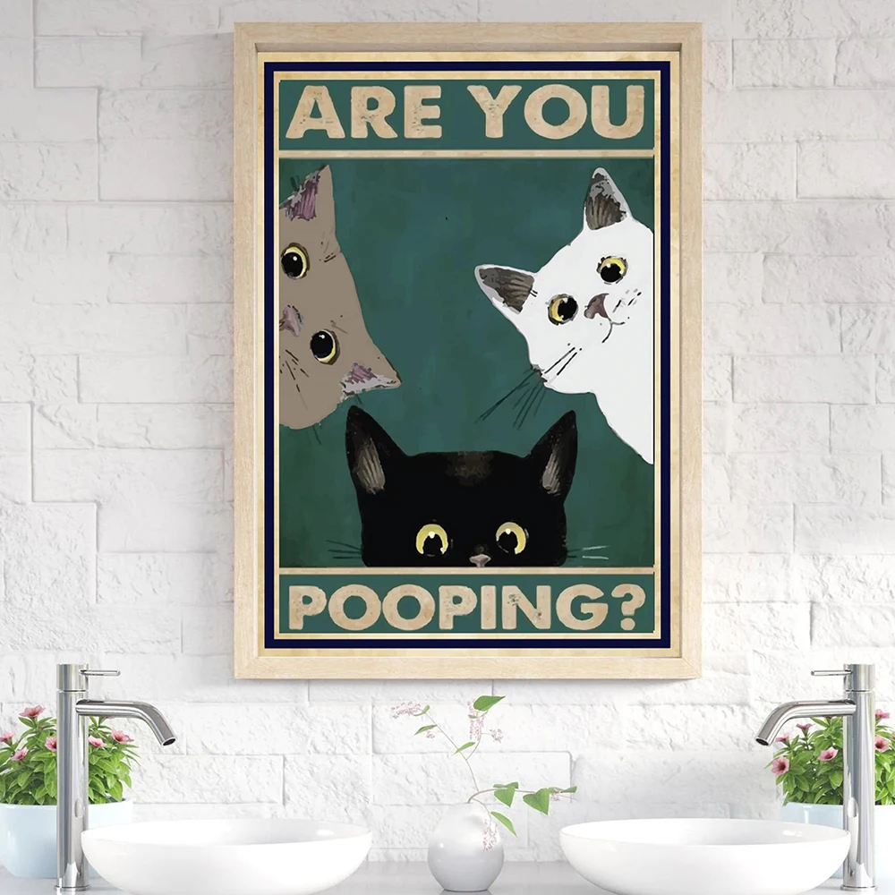 Are You Pooping Bathroom Wall Poster Funny Quote Canvas Print Cute Black White Cat Art Retro Painting Toilet Room Home Decor
