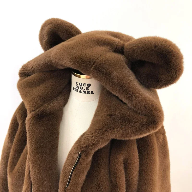 2023 Winter New Cute Fashion Hooded Big Ears Lamb Wool Mid-Length Coat Female Loose Warm Sweet Student Elegant Faux Fur Jacket