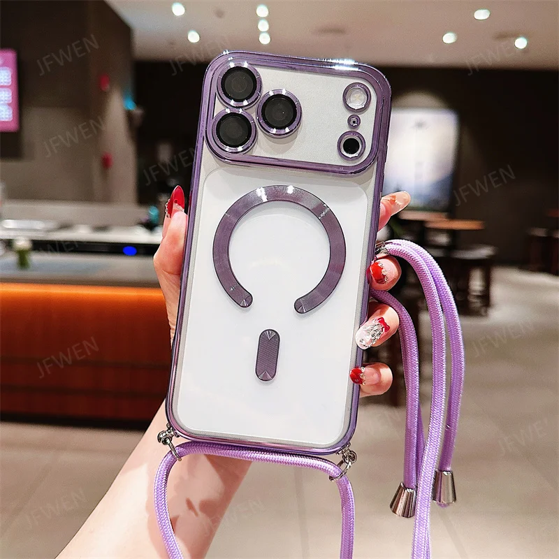 Clear Magnetic Crossbody Lanyard Case with Electroplated Soft TPU Back Cover