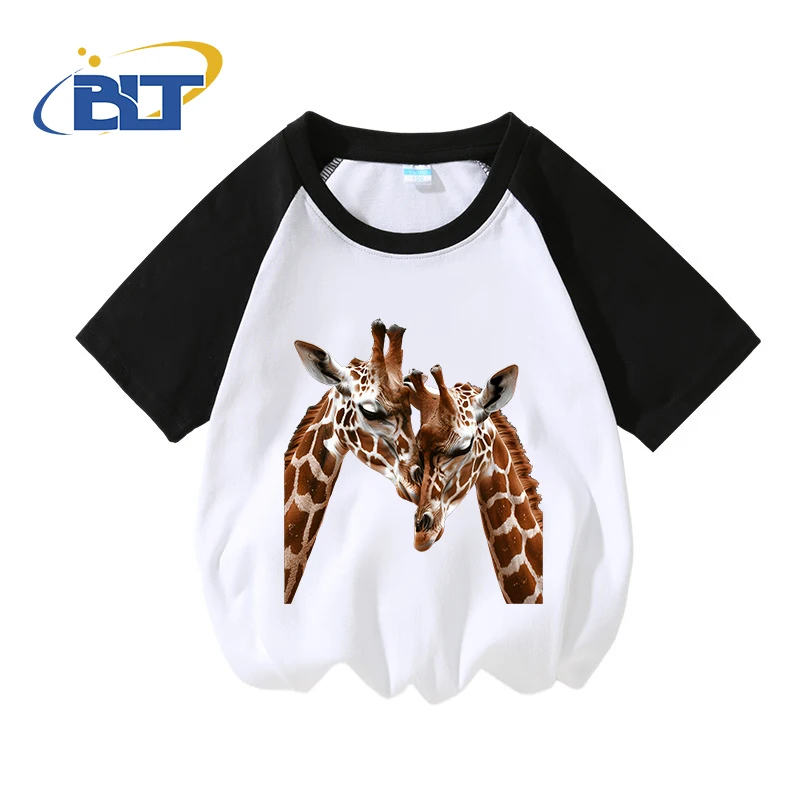 

Giraffe print children's clothing kids summer pure cotton T-shirt contrasting color short-sleeved sports tops for boys and girls