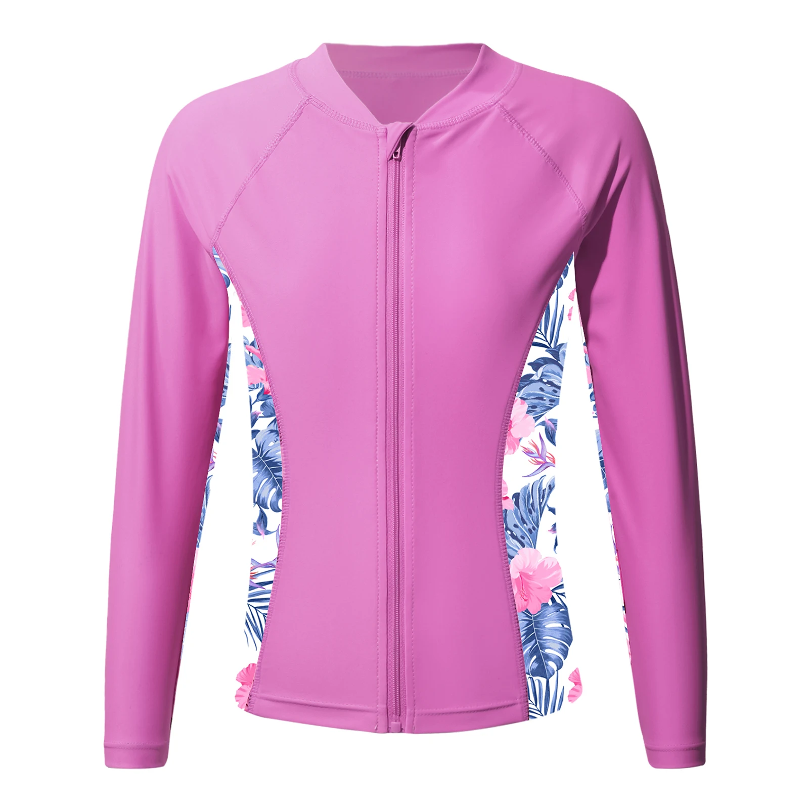 Kids Girls Print Swim Top Rash Guard T-Shirt Long Sleeve Zipper Bathing Tops UPF 50+ Sun Protection Pool Swimming Beach Swimwear