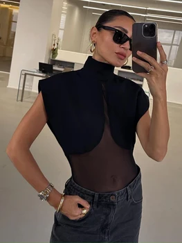 Sexy Women's Top High Collar Short Sleeve Solid Female Slim BodySuit 2026 Early Spring New Fashion Chic Transparent Lady Tops 1