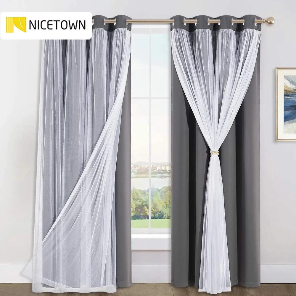 NICETOWN cortinas opacas de doble capa para sala de estar/dormitorio, combinadas con ventanas con lazadas gratis|Cortinas| - AliExpress