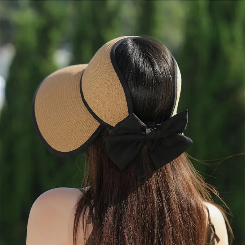 Korean Summer Large Brim Hollow Top Hat Fashion Bow Shading Straw Hat Casual Simple Sun Women Woven