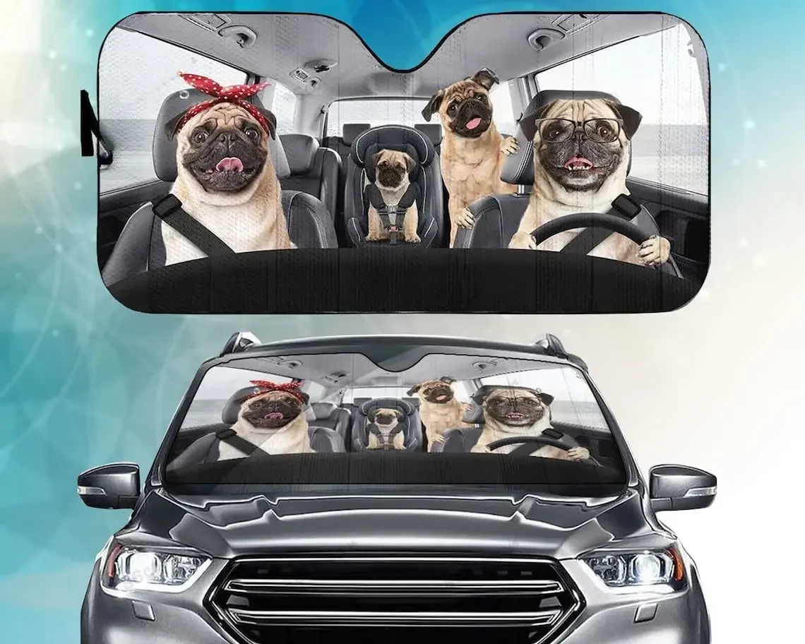 

Pug Family Driving Car Sunshade for Windshield, Dogs Auto Sun Shade, Car Sun Shade, Pug Car Accessories, Dog Dads, Dog Moms, Dog