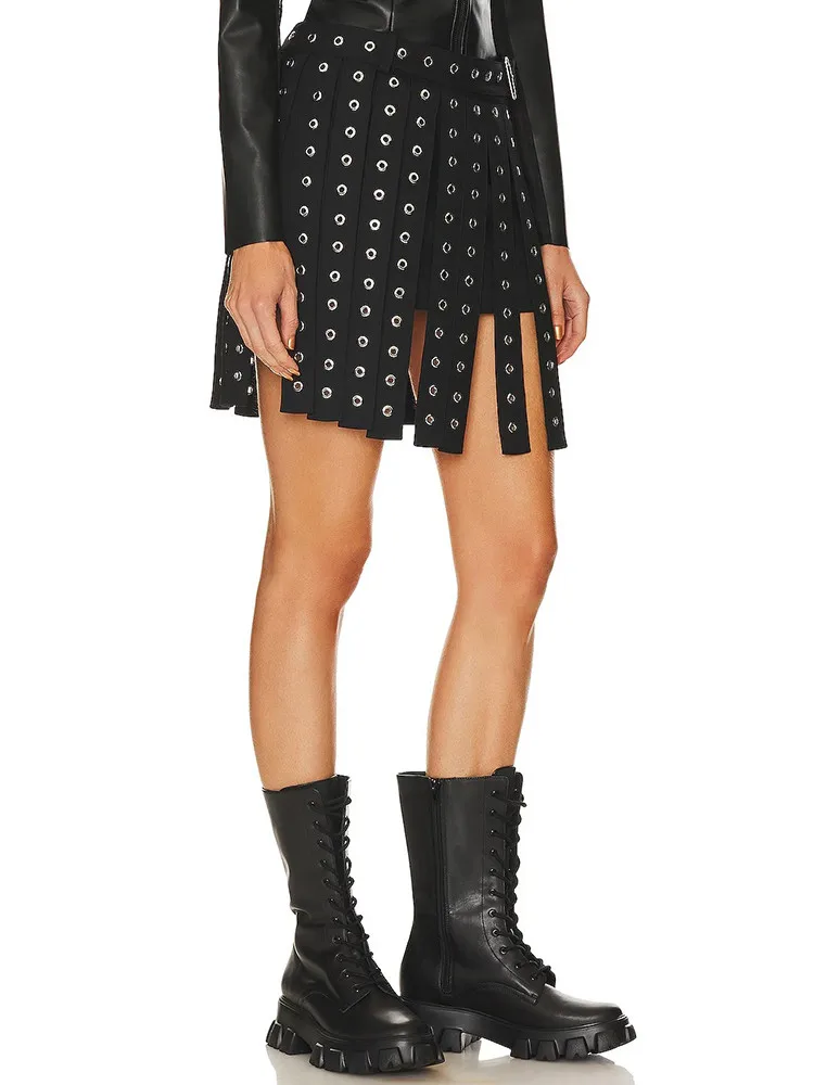 BPN Y2k Patchwork Belts Skirts For Women High Waist Slimming Black Streetwear Chic Mini Skirt Female Fashion Clothing New 2024