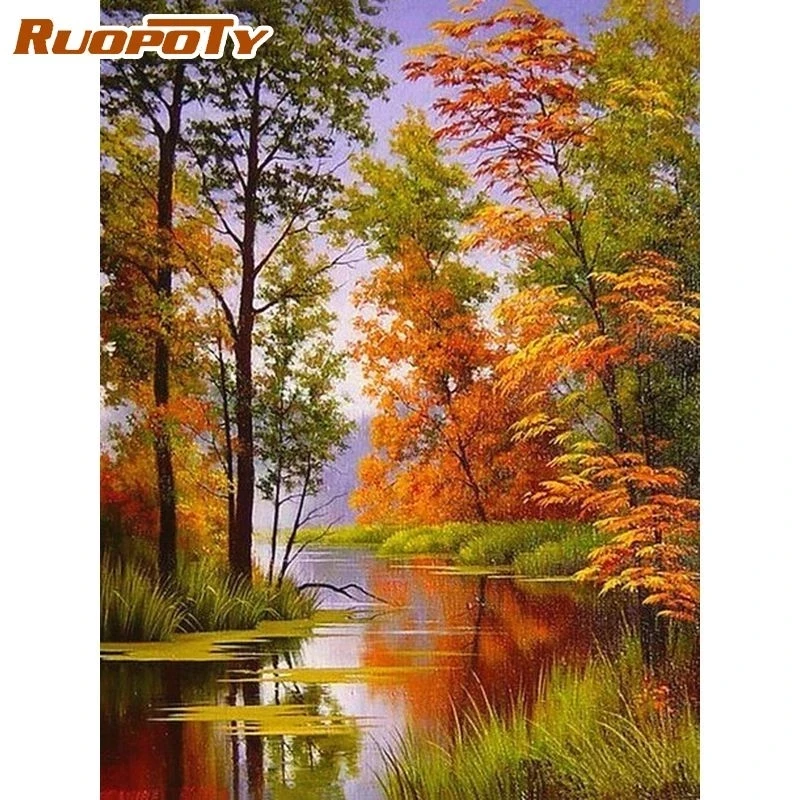 RUOPOTY Oil Painting By Numbers For Adults Autumn Tree And River Paints Kits DIY Unique Gift 50x65cm Framed Wall Decor Photo