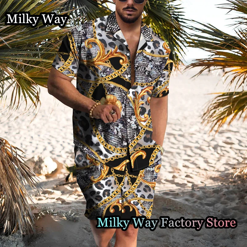 

New Luxury Men Summer Shirt Shorts Set 2 Pieces Vintage Hawaiian Tracksuit Fashion Outfit Male Casual High-End Vacation Clothing