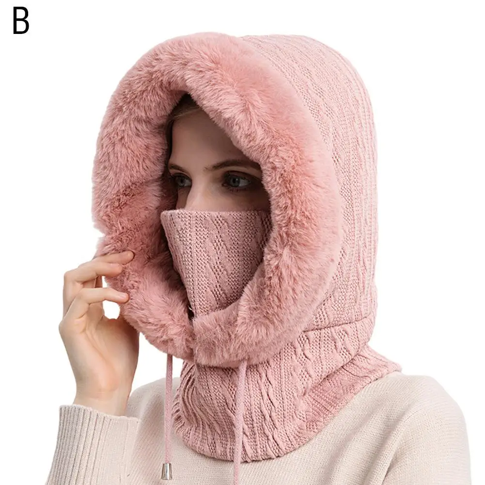 Winter Fur Cap Mask Set Hooded for Women Knitted Cashmere Neck Warm Balaclava Ski Windproof Hat Thick Plush Fluffy_voghion.com