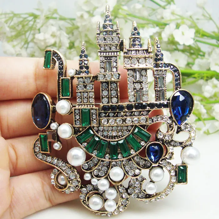 

Woman's Vintage Blue Castle Palace Pendant Brooch Pin Crystal Rhinestone Gifts