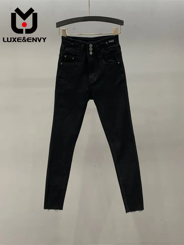 

LUXE&ENVY Black Denim Pencil Pants Women's 2023 New Single Breasted High Waist Elastic Slim Slim-fit Pants Pants