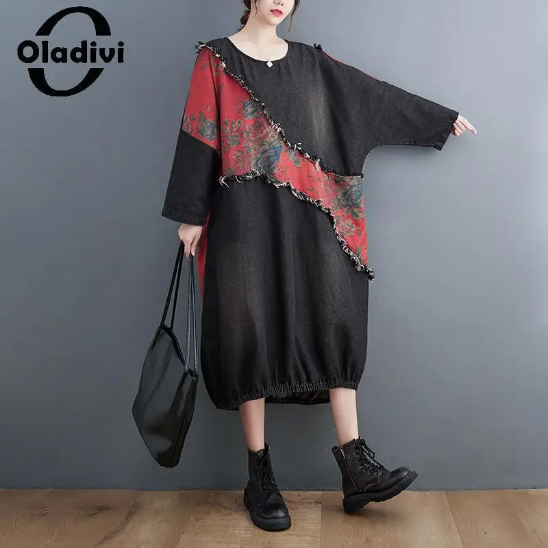 

Женское джинсовое платье Oladivi с длинным рукавом, в стиле пэчворк, весна-осень 2023, повседневные свободные джинсовые платья, длинная туника, халат 7XL 9610