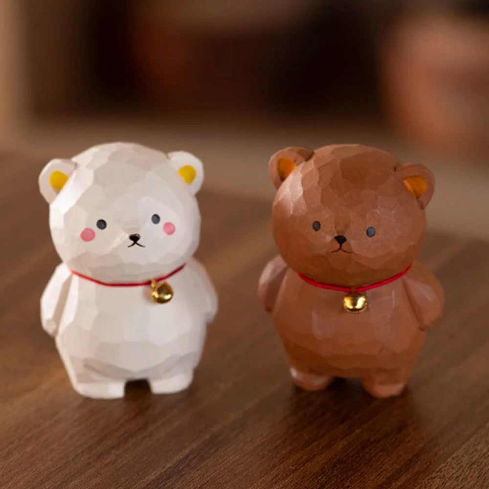 Charming Hand-Carved Wooden Bear with Bell - Natural Wood Figurine for Home Decor and Unique Gift