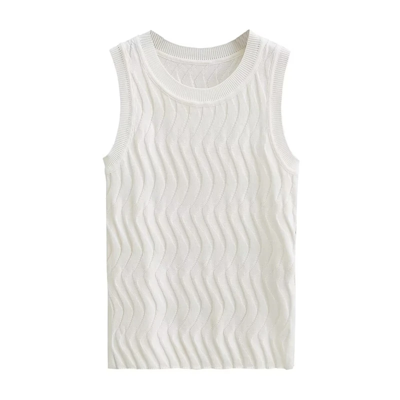 

2023 Summer New Women's Round Neck Sleeveless Simple Slim Geometric Pattern White Knitted Vest Top