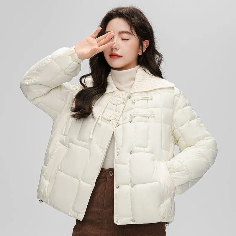 

Thick Cotton-Padded Jacket for Women Knitted Turndown Collar Personality Button Warm Parka Coats Korean Fashion Winter