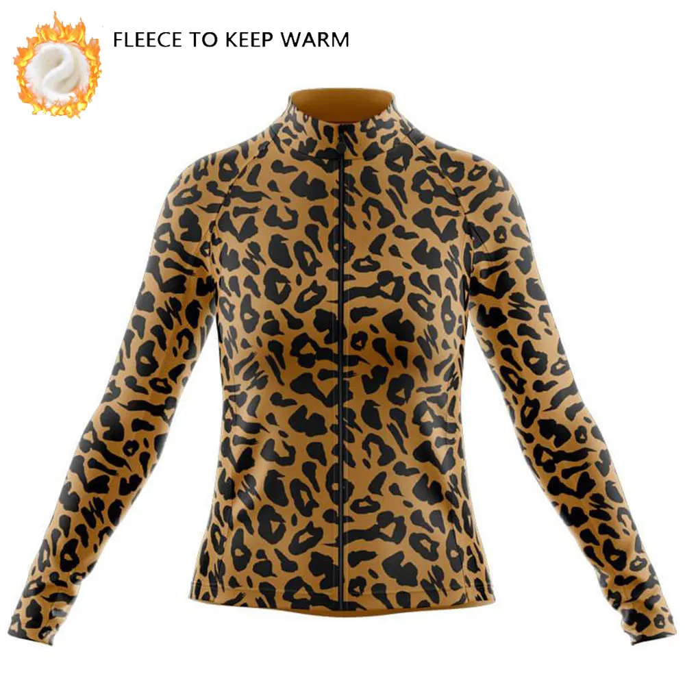 Woman's Winter Cycling Jersey Winter Outdoor Road Bike Riding Warm Cycling Tops Leopard Print Fashion Long Sleeve Sportwear