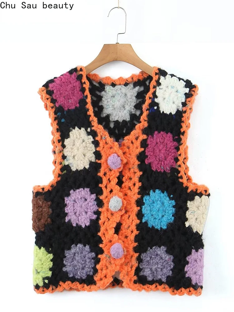 

Chu Sau beauty 2023 Women Autumn New Fashion Sweet Floral Crochet Knitted Vest Chic Loose Sweater Cute Hollow Out Cardigans