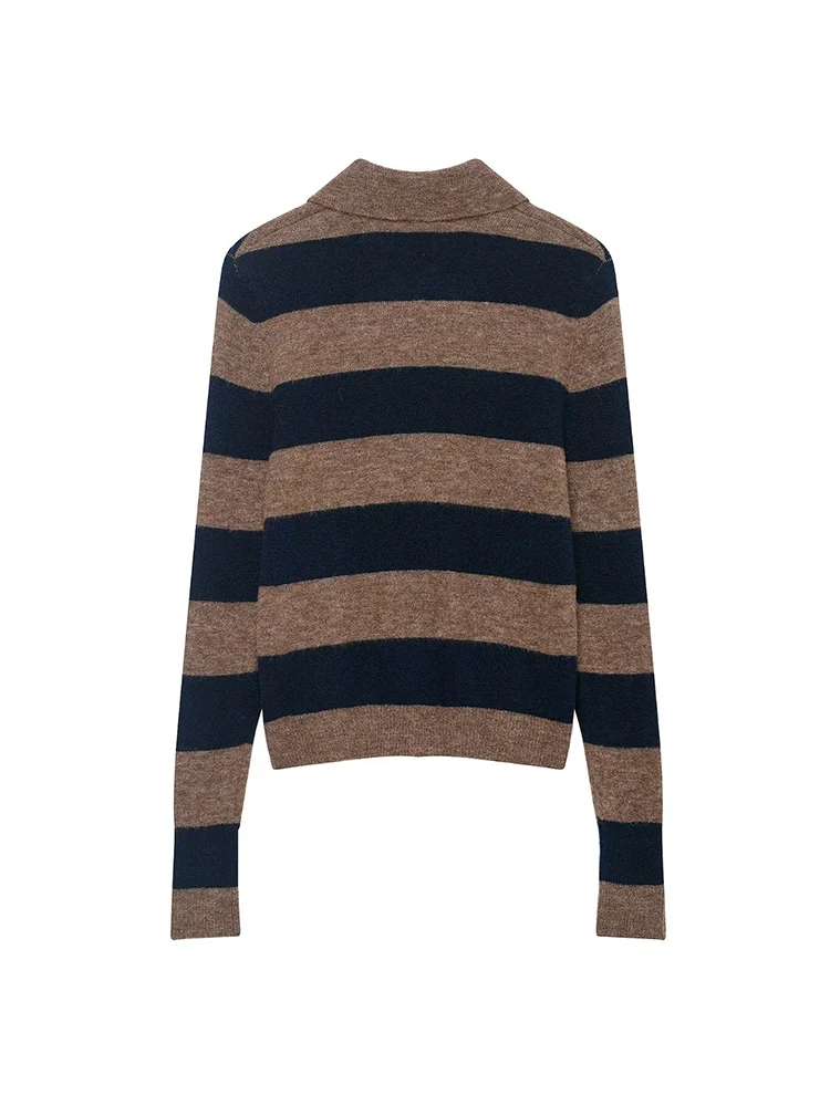  Women's POLO Collar Knit Coat Soft Warm Knitted Cardigan Casual Single Breasted New Striped Chic Simple Female Sweater Tops