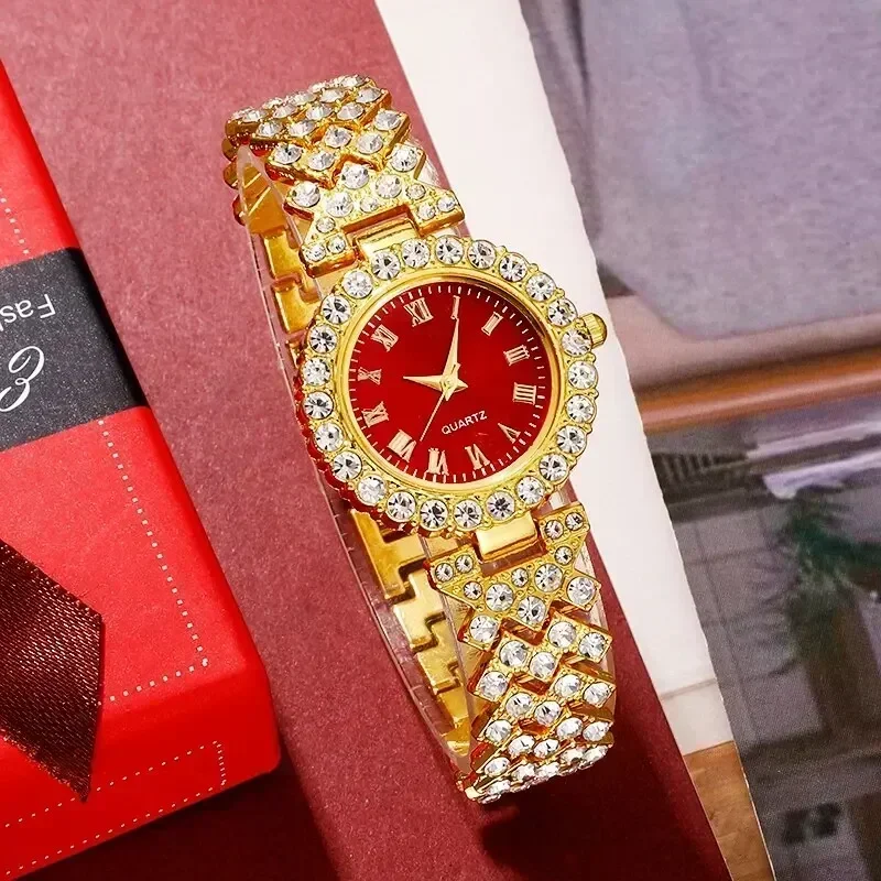 Golden Luxury Watch Women Ring Necklace Earring Rhinestone Fashion Wristwatch Casual Ladies Bracelet Watches Jewelry Set 4