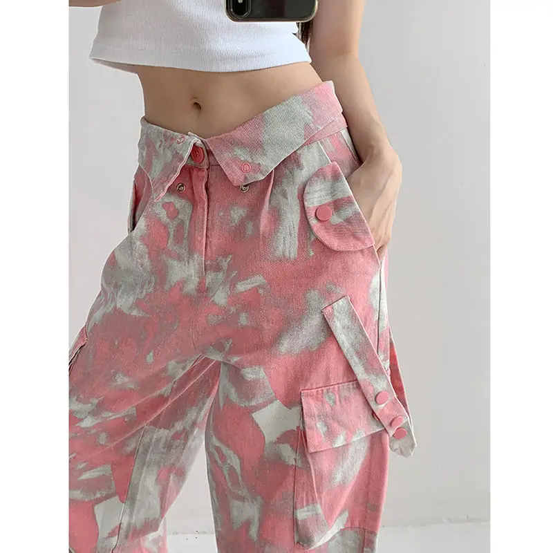 Tie Dye Camouflage Cargo Pants For Women Summer Clamshell Waist Design Loose Thin Wide Leg Pants 2023 New