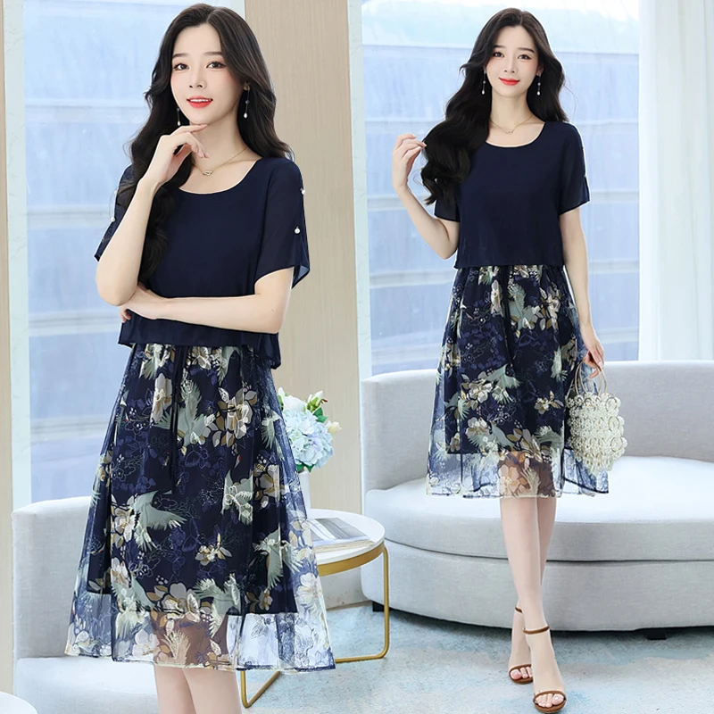 

Женское шифоновое платье с цветочным принтом, Элегантное летнее платье с круглым вырезом и коротким рукавом, имитация двух предметов