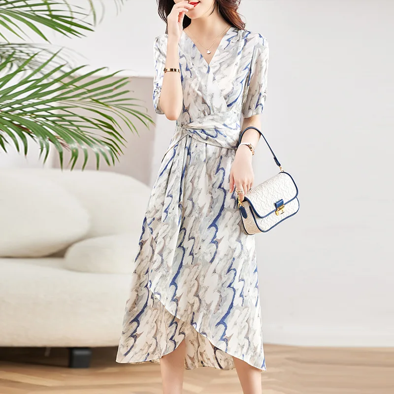 

Women's Elegant Floral Dress, V-Neck, Slim, Short Sleeve, Irregular Hem, Knee-Length, Office Lady Dresses, Summer,Fashion, 2024