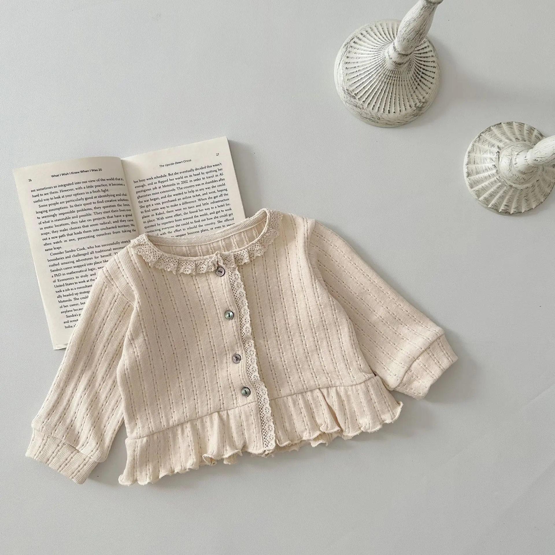 Children's Autumn Lace Jacket Kids Spring Autumn Round Neck Long Sleeve Cardigan Baby Girl Simple Single Breasted Lace Coats
