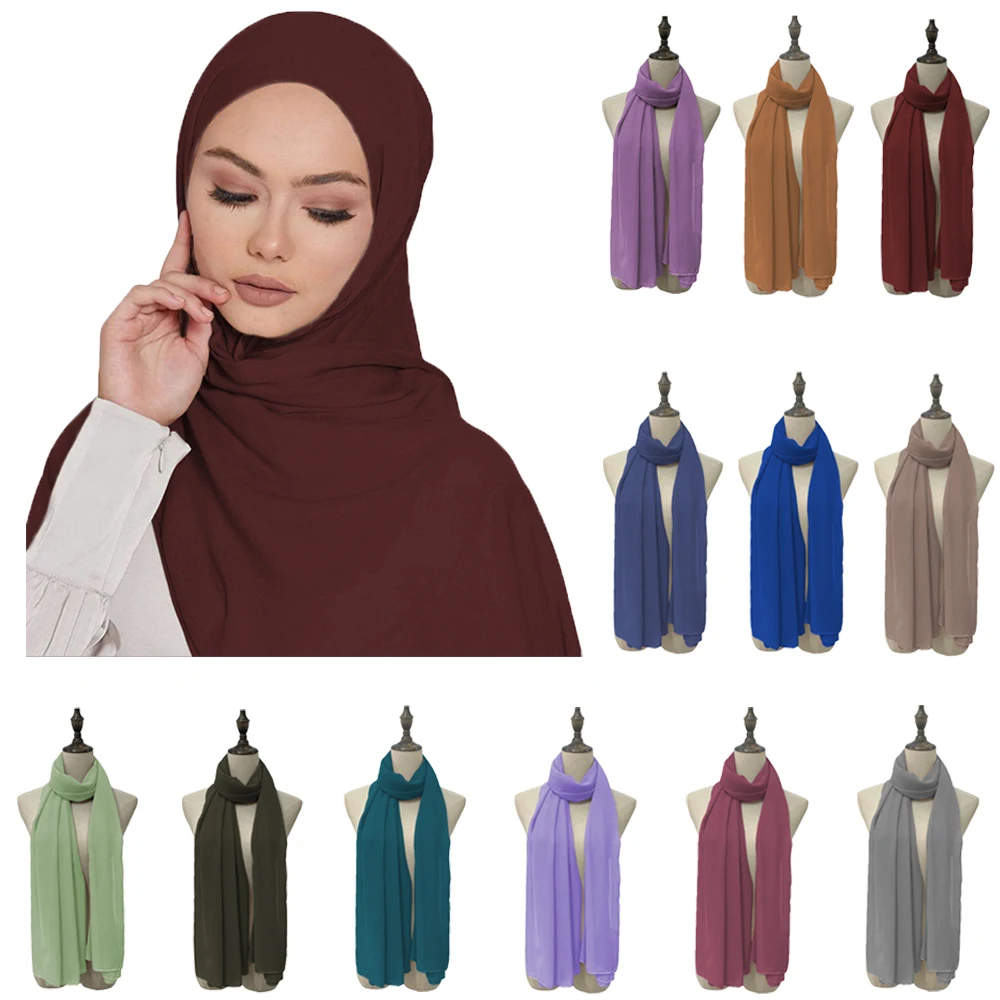 

70*170cm Fashion Muslim Chiffon Hijab Long Scarf Shawls Women Solid Color Head Wraps Islamic Hijabs Scarves Femme Turban Stoles