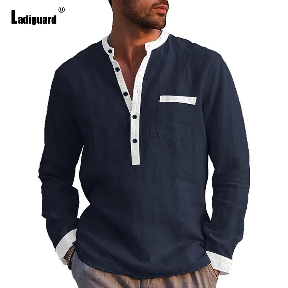 

Ladiguard Plus Size Mens Long Sleeves Basic Linen Shirts clothing 2023 New Patchwork Tops Men Casual Stand Pocket Shirt Blouse