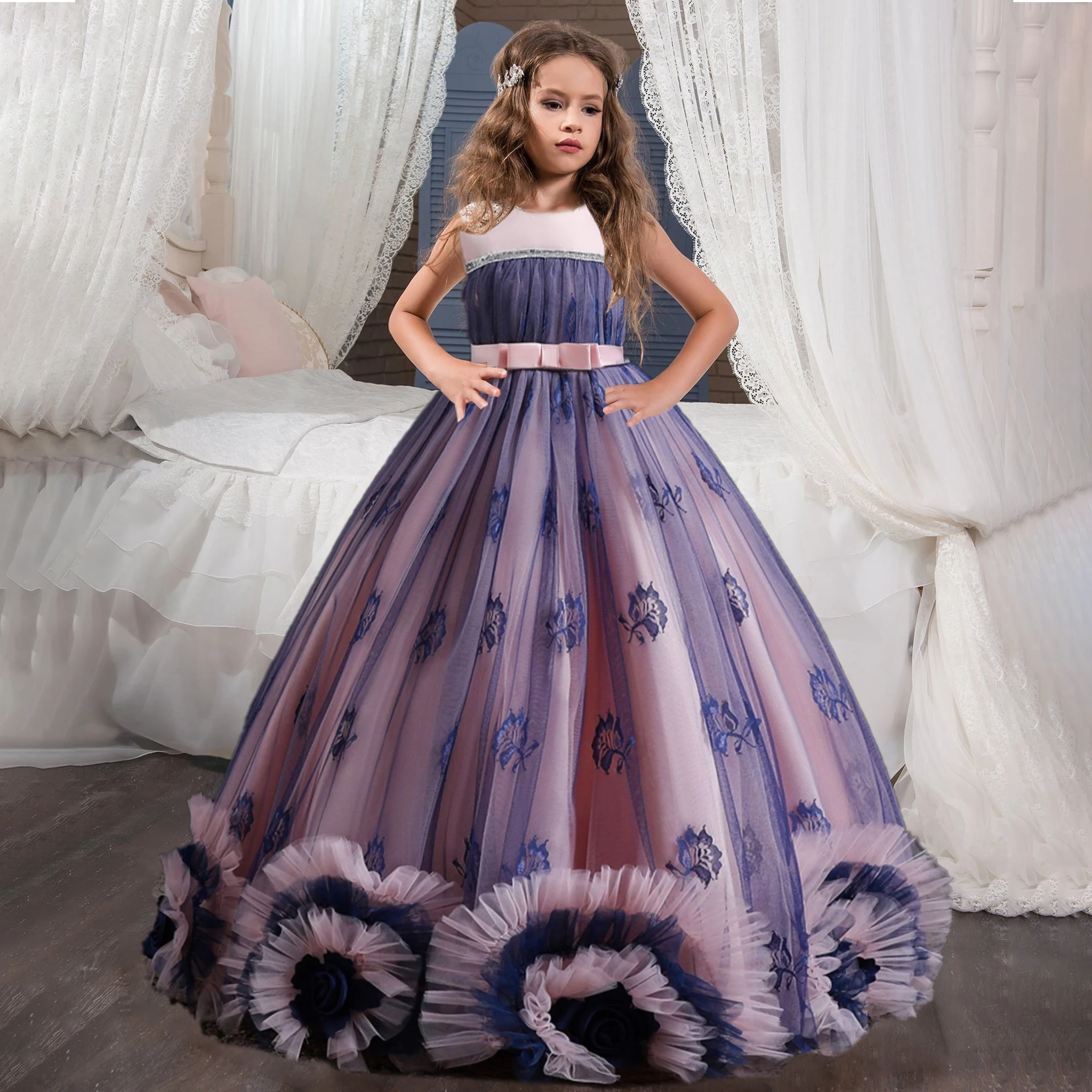שמלת פלאפי לילדות בצבע סגול/ורוד מנופחת ללא שרוולים, אורך מקסי בעיצוב מיוחד  - יותר מ 600 שמלות לילדות במקום אחד - KIDES.CO.IL