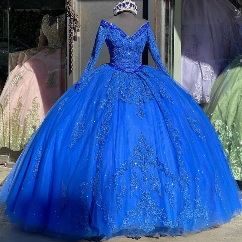 

Saudi Arabic Royal Blue Quinceanera Dresses Long Sleeve V Neck Lace Applique Sweet 16 Prom Mexican Sweet 16 Dresses 15 Anos