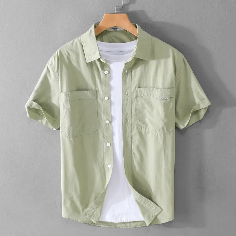 Summer Men's Casual Short Sleeve Shirt Cotton Sold Color Loose Simple Male Workwear Versatile Youth Fresh Shirt