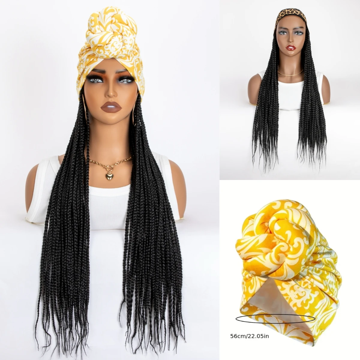 Synthetic Hair Wigs Long Black Synthetic Box Braided With Elastic Bands Headband Wig And Headband Split Set Turban Braiding Hair Extensions Wigs
