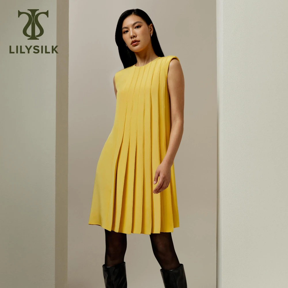 LILYSILK Women's Sleeveless Accordion Pleated Silk Dress Ladies A-line Elegant Midi Dress with Crewneck and Padded Shoulders