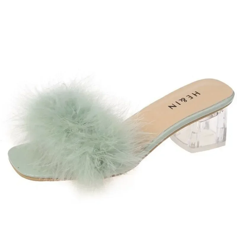 Mules Sandal Women Summer Outdoor Fashion Slippers Square Toe High Heels Office Ladies Feather Slides Chic Classics Furry Shoes 6