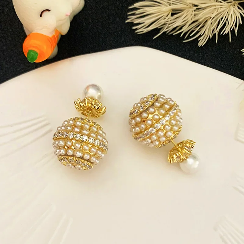 

New heavy industry flower earrings pearl micro-inlaid zircon earrings
