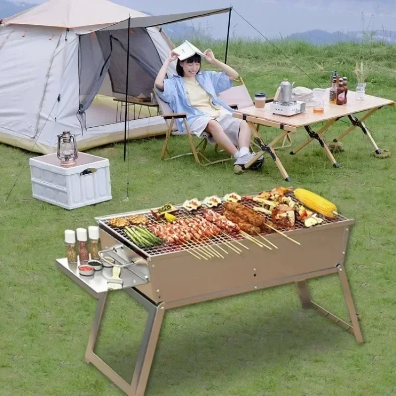 Outdoor Barbecue Grill Stainless Steel Charcoal BBQ Stove Portable Home Folding Wood-Burning BBQ Grill for Camping Picnic