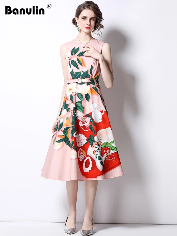 

Banulin Runway Fashion Summer Dress 2022 Women Sleeveless Sweet Pink Flower Print Belt Midi Dress Boho Tank Vestidos N9042