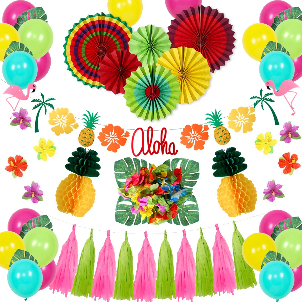 

Hawaiian balloon Hibiscus pineapple non woven flag Hawaiian paper fan summer party balloon decoration set