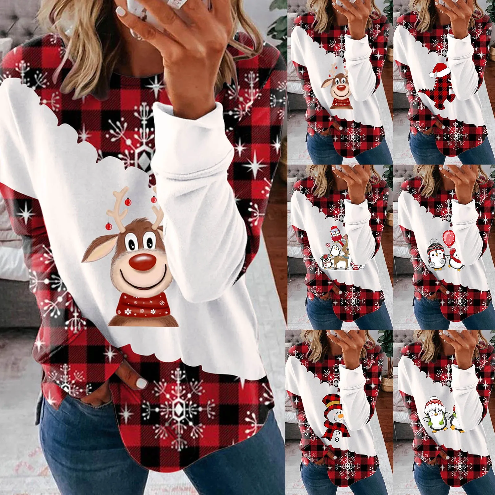 

Christmas Print Plaid Hoodies Sweatshirt Womens Casual Fall Long Sleeve Sweatshirt Top Lightweight Blouse Band Hoodies Women