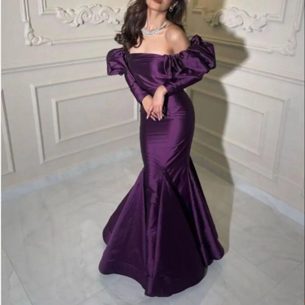 

Off Shoulder Muslim Evening Dresses Long فساتين سهرة مسلمة Robe de soirée Mermaid Taffeta Formal Party Prom Gown with Sleeve