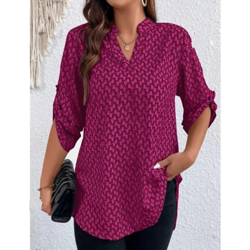 

Women's Plus Size Printed Curly Sleeve Top Casual V-neck Three Quarter Sleeve Shirt