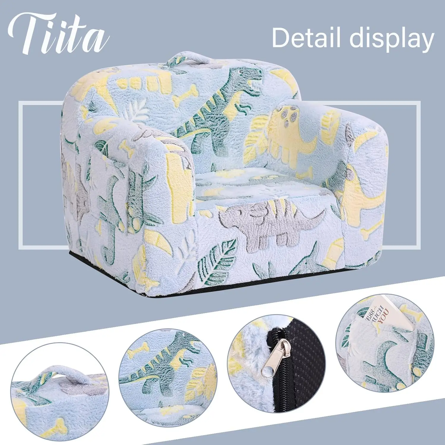 Children's sofa with handles and side pockets, Children's Foam Chair, Light Children's Sofa Chair (Grey Dinosaur) 5