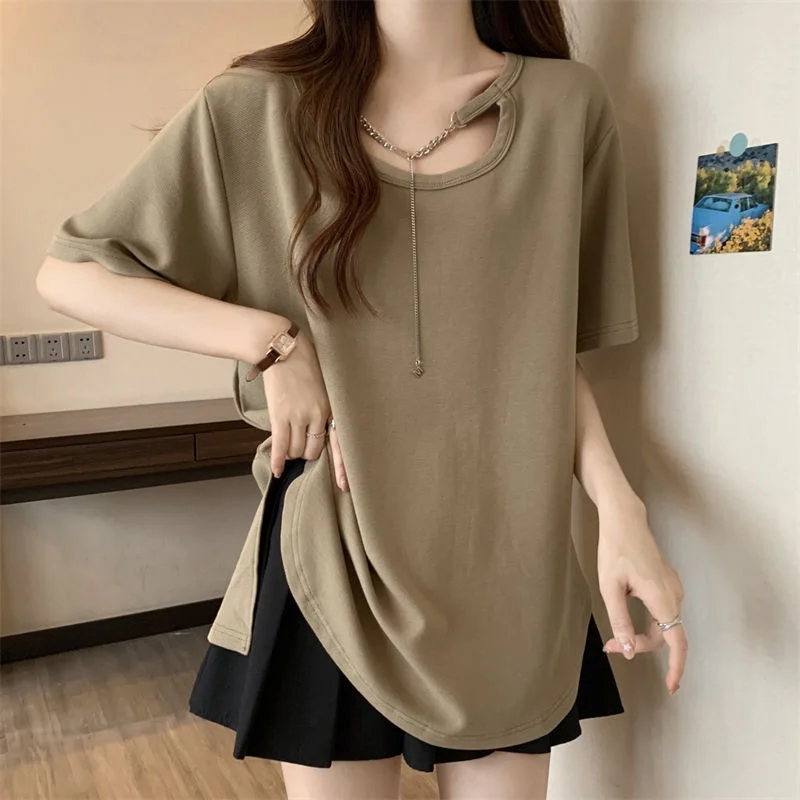 

Women's T-shirt Chain Neck Short Sleeve Summer Loose Oversized Casual Tees Tops Solid Color Fashion Design Girls Tshirt 2023 New
