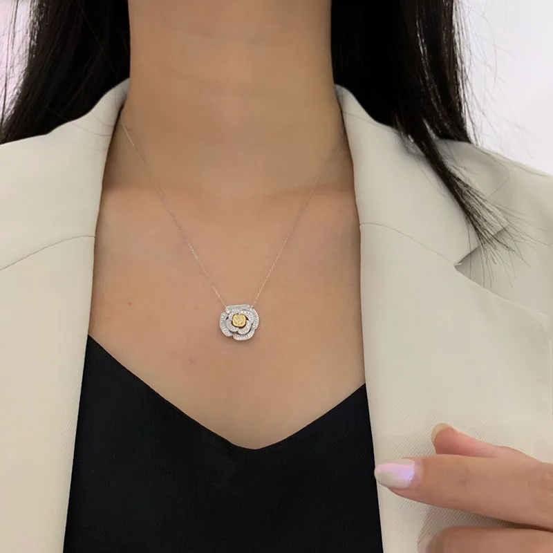 LUOWEND 18K White Gold Pendant Necklace Real Natural Yellow Diamond Pendant Luxury Rose Necklace for Women Wedding Party